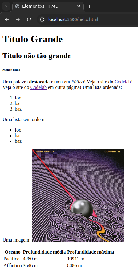 Página com vários elementos HTML