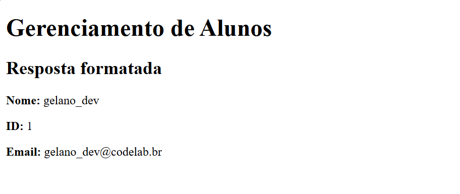 Exemplo de dados extraidos da resposta JSON e exibidos na pagina